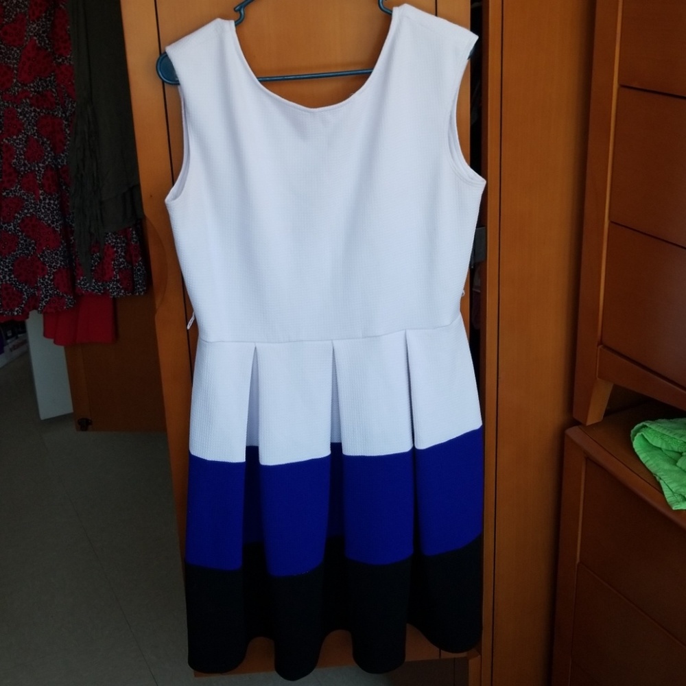 Sleeveless White, Blue, Black Stripe Dress